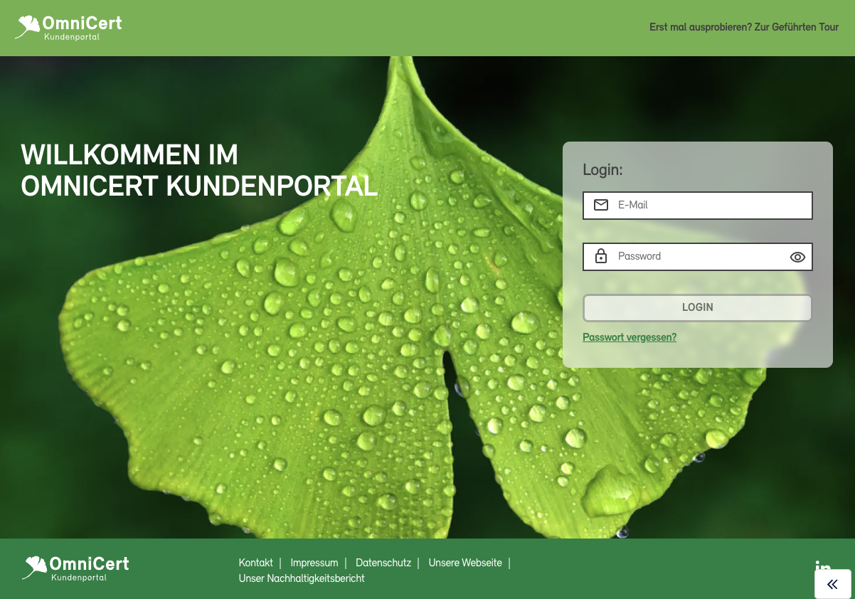Startseite des OmniCert-Kundenportals.